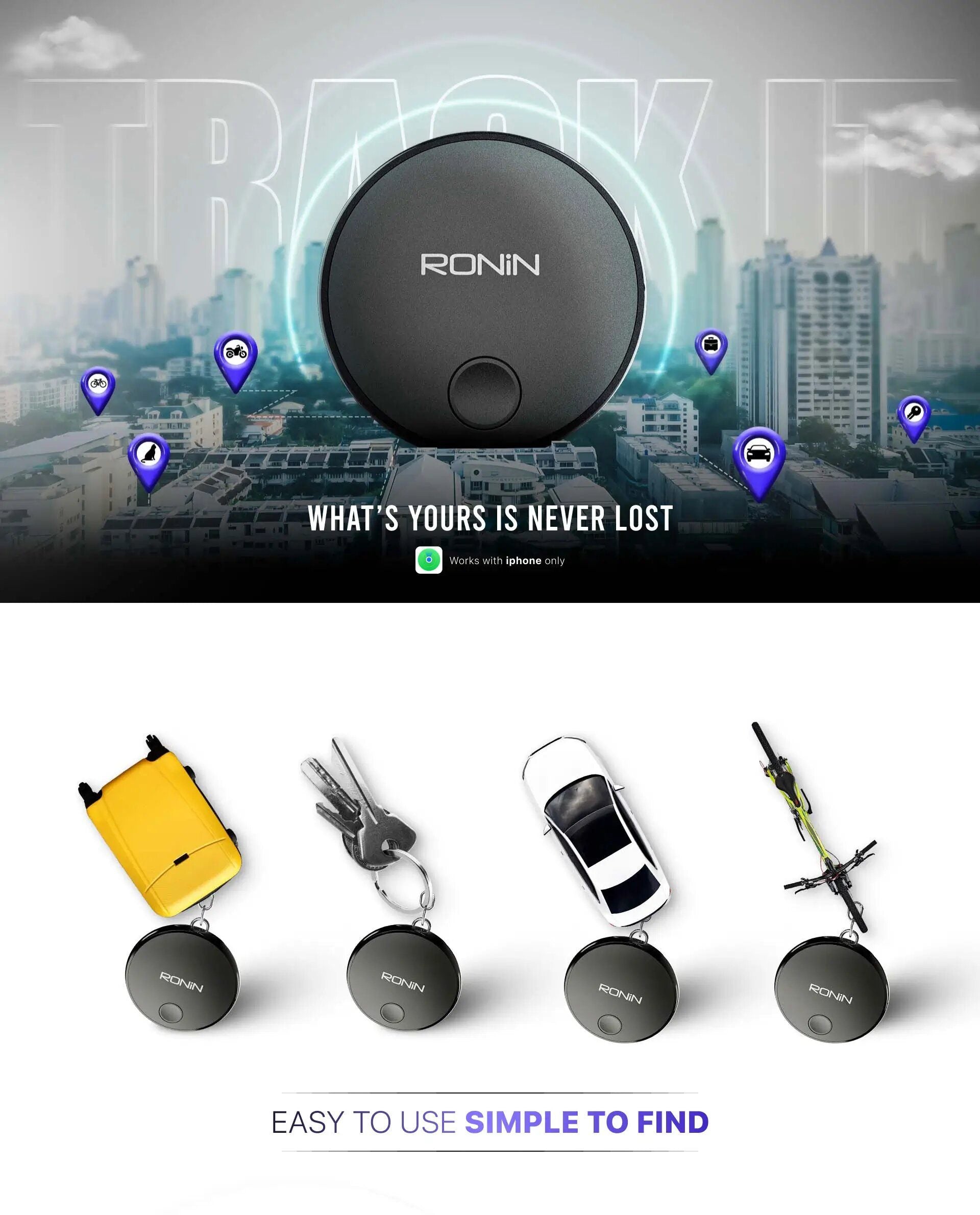Ronin R-202 Smart Bluetooth Tracker for iPhone | Apple Find My Compatible