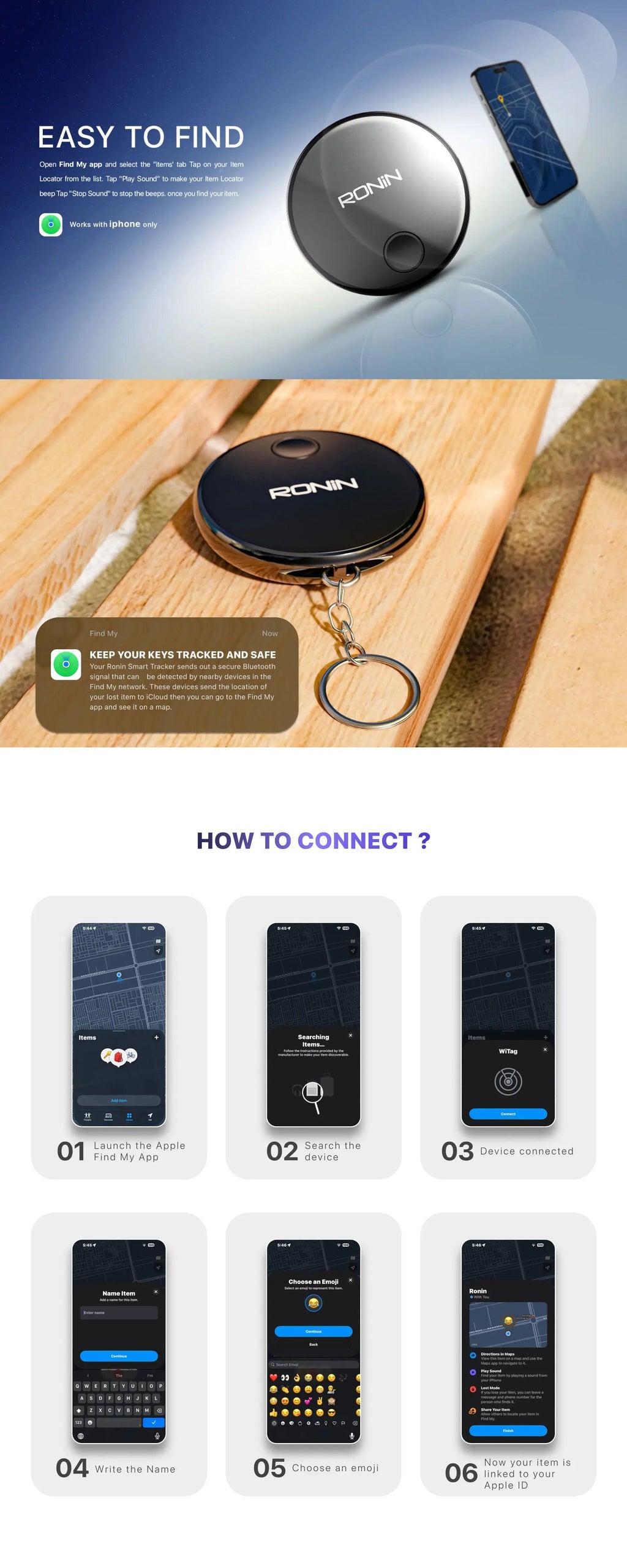 Ronin R-202 Smart Bluetooth Tracker for iPhone | Apple Find My Compatible